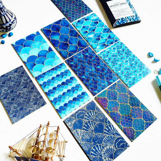 INKCHALK Sea Blue Patterns | Set of 10 (6x4in) Folded Note Cards | 50+ Stickers