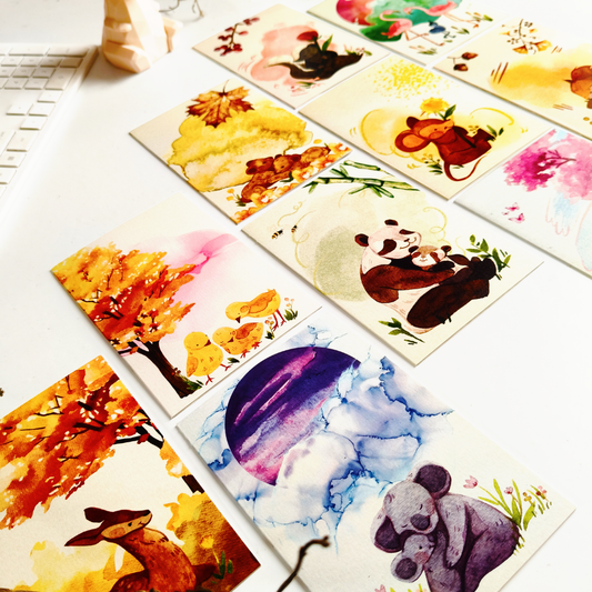 INKCHALK Watercolour Animals | Set of 10 (6x4in) Folded Note Cards | 50+ Stickers