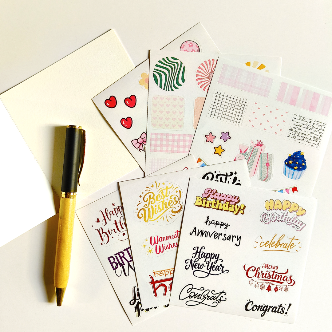 INKCHALK Dot & Grid Kitty | Set of 10 (4x4in) Folded Note Cards | 50+ Stickers