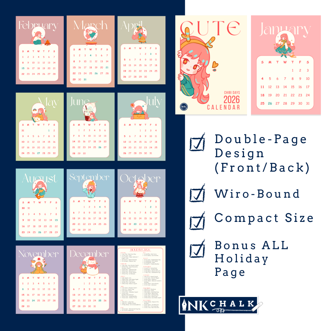 INKCHALK Chibi Days | 2026 Mini Desk Calendar | Portrait