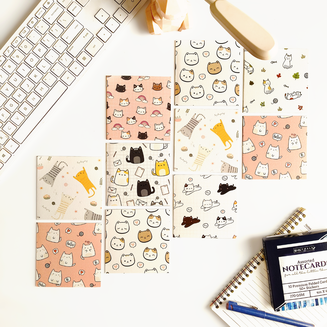 INKCHALK Dot & Grid Kitty | Set of 10 (4x4in) Folded Note Cards | 50+ Stickers