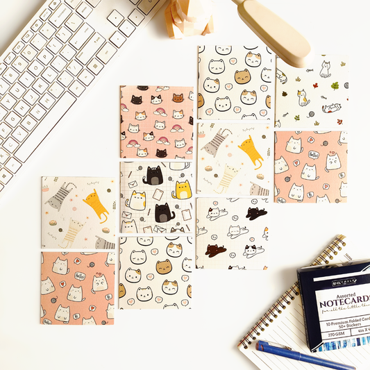 INKCHALK Dot & Grid Kitty | Set of 10 (4x4in) Folded Note Cards | 50+ Stickers