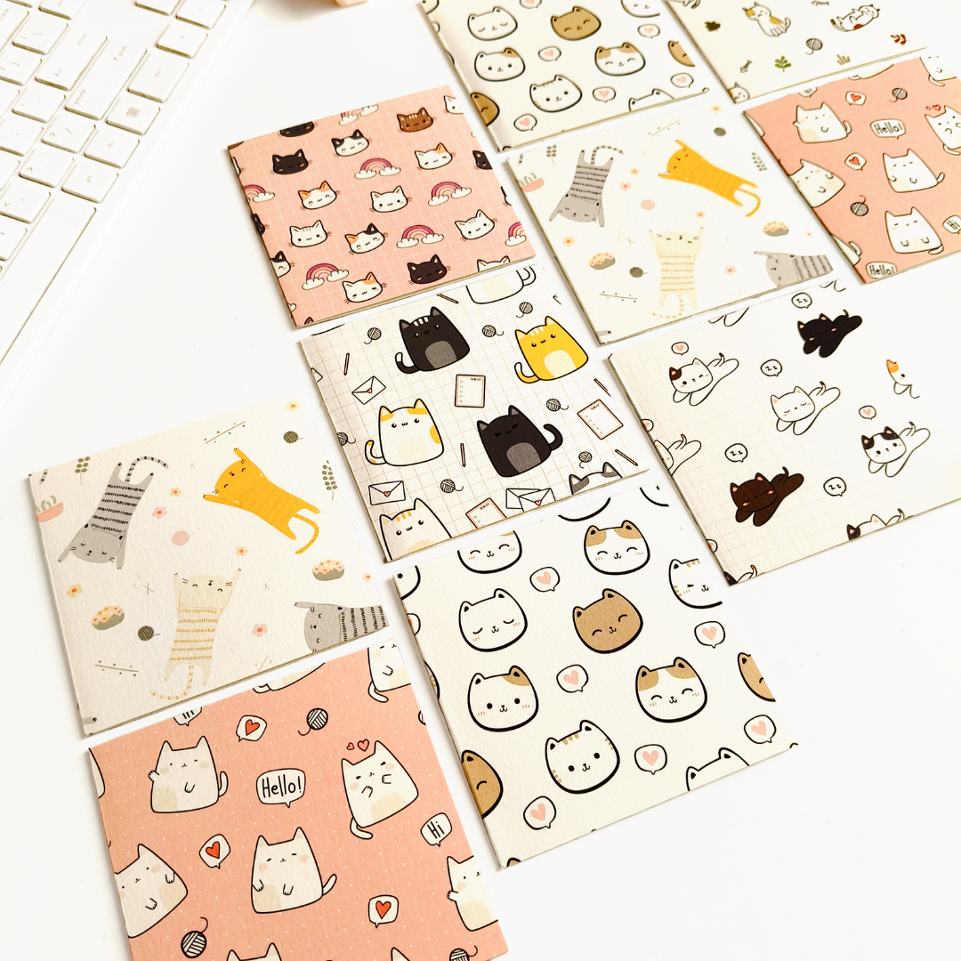 INKCHALK Dot & Grid Kitty | Set of 10 (4x4in) Folded Note Cards | 50+ Stickers