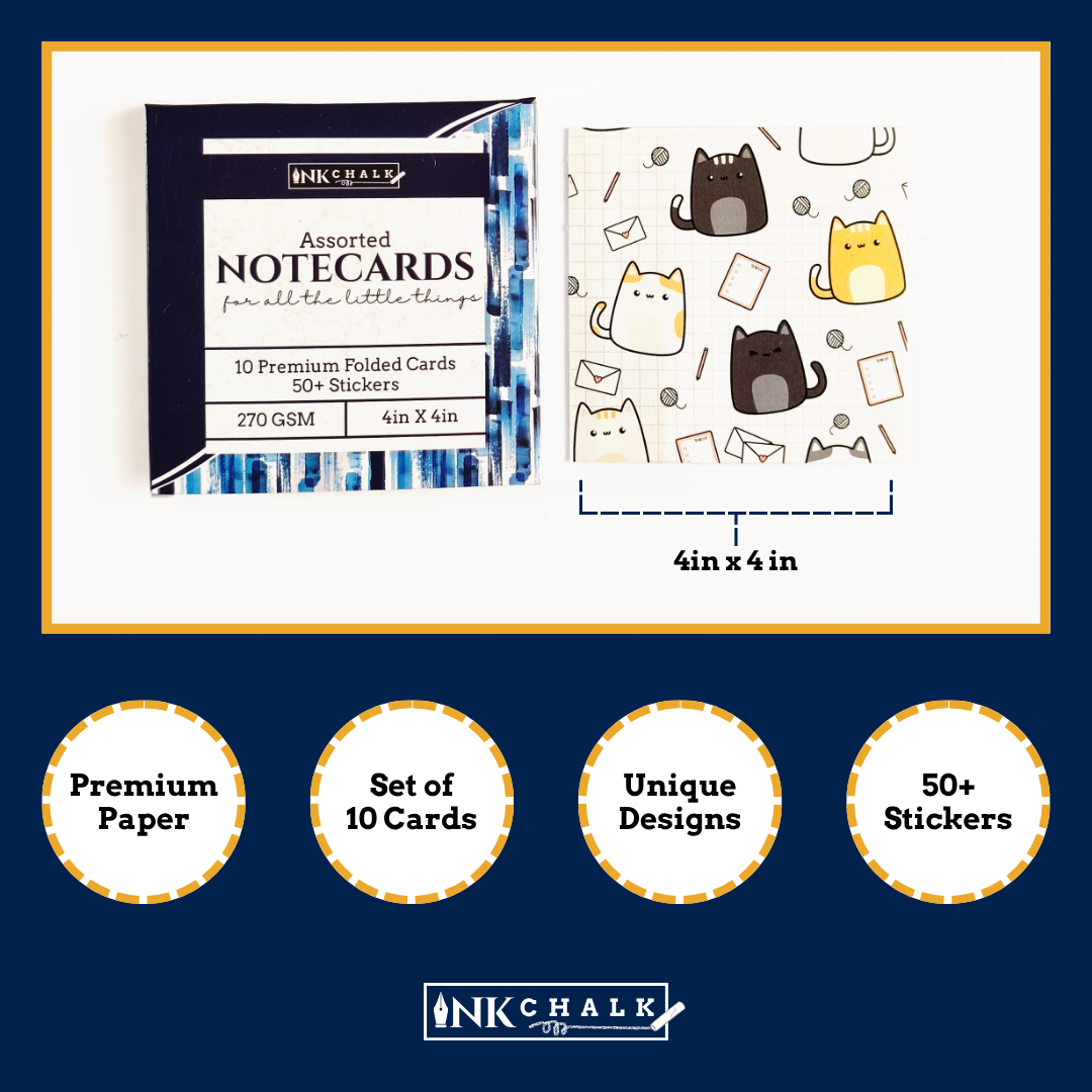 INKCHALK Dot & Grid Kitty | Set of 10 (4x4in) Folded Note Cards | 50+ Stickers