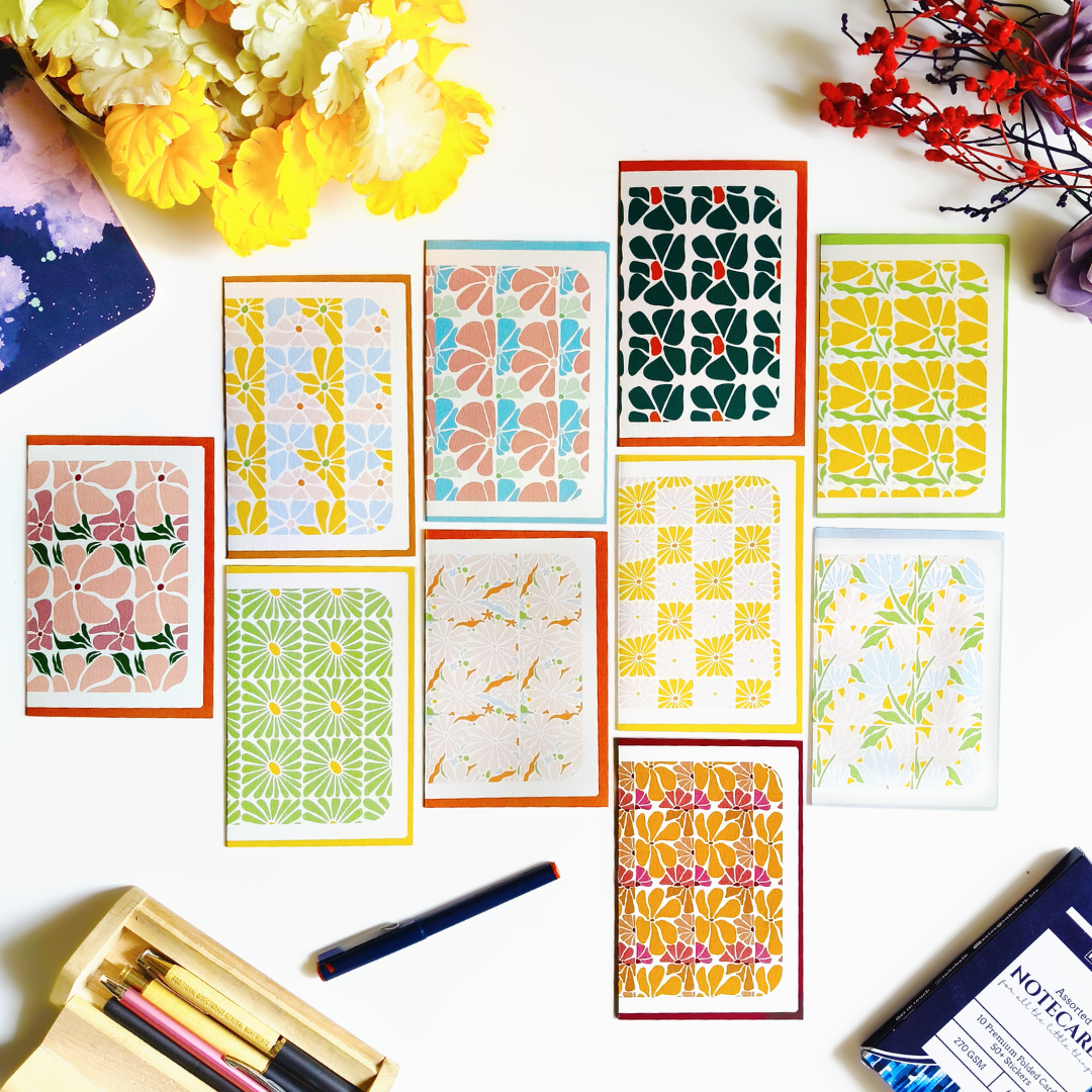 INKCHALK Floral Patterns | Set of 10 (6x4in) Folded Note Cards | 50+ Stickers