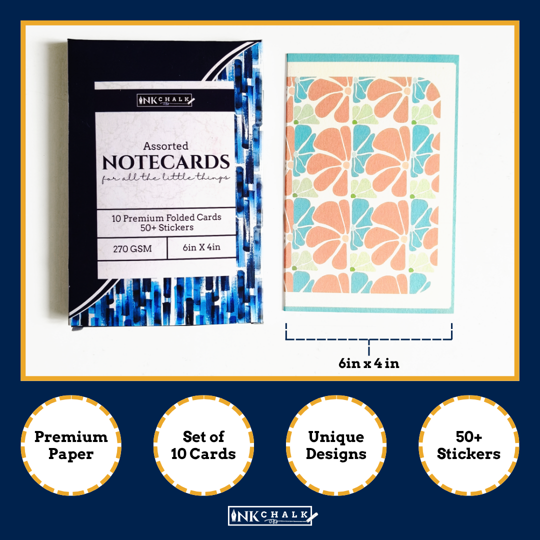 INKCHALK Floral Patterns | Set of 10 (6x4in) Folded Note Cards | 50+ Stickers