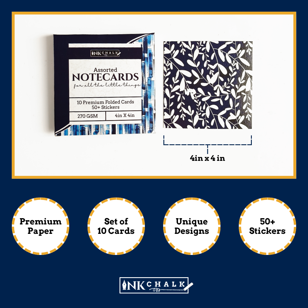 INKCHALK Flower Field | Set of 10 (4x4in) Folded Note Cards | 50+ Stickers