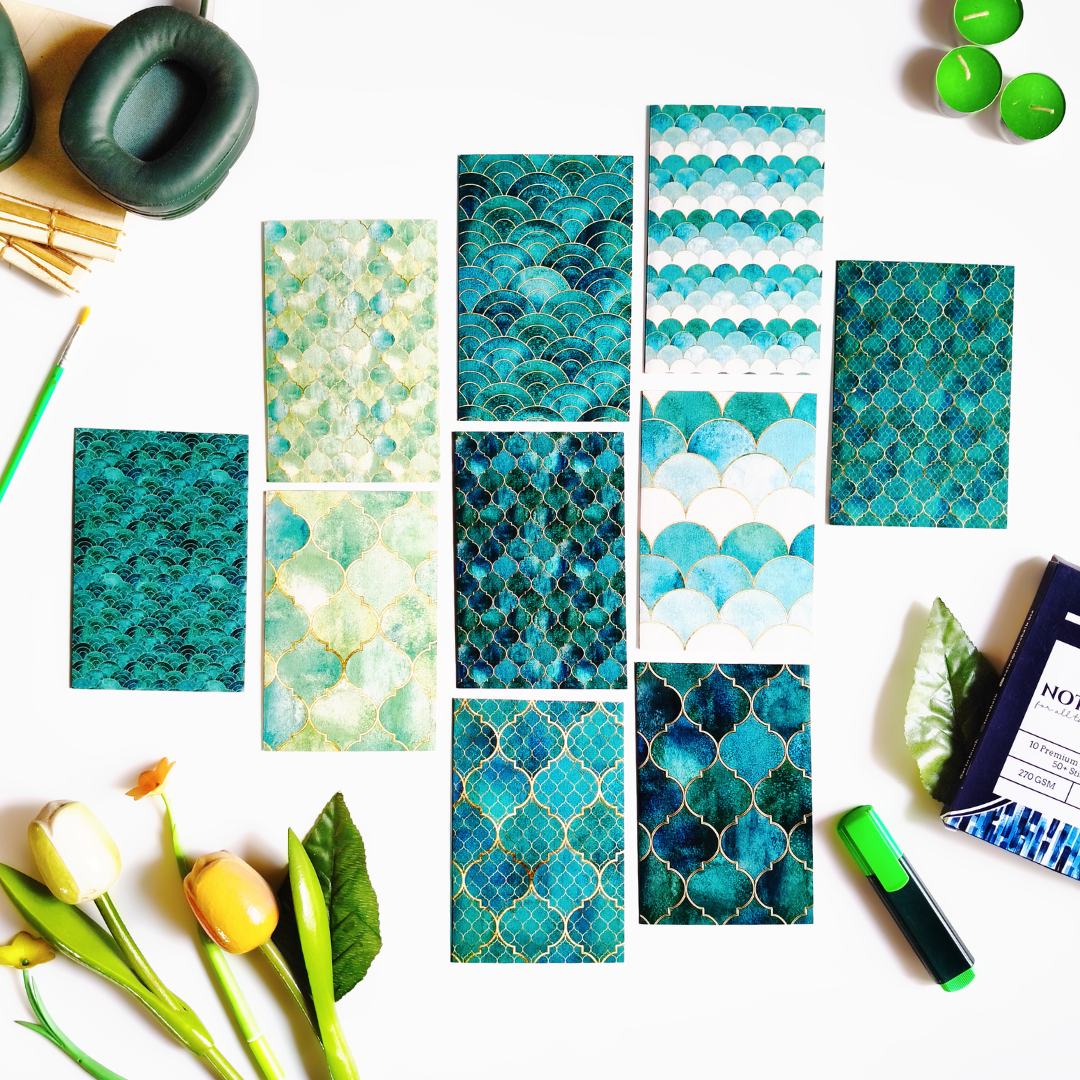 INKCHALK Forest Green Patterns | Set of 10 (6x4in) Folded Note Cards | 50+ Stickers