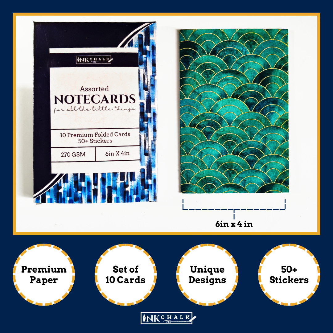 INKCHALK Forest Green Patterns | Set of 10 (6x4in) Folded Note Cards | 50+ Stickers