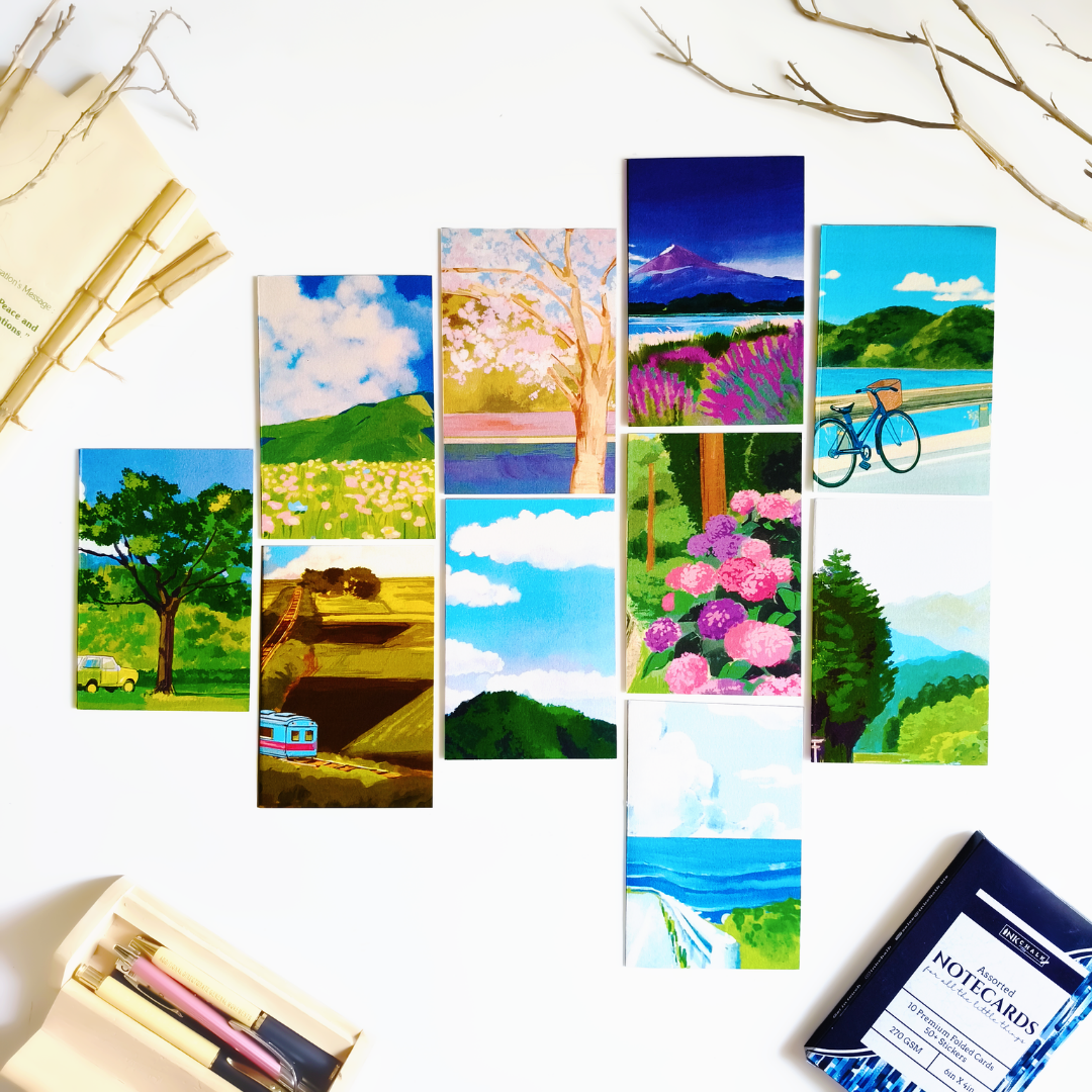 INKCHALK Inked Landscapes | Set of 10 (6x4in) Folded Note Cards | 50+ Stickers
