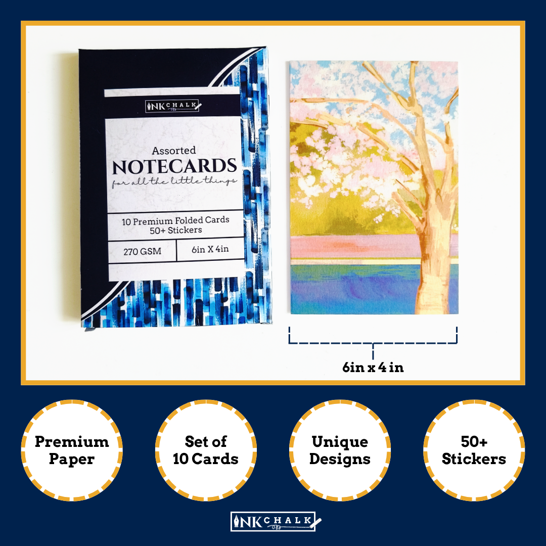 INKCHALK Inked Landscapes | Set of 10 (6x4in) Folded Note Cards | 50+ Stickers