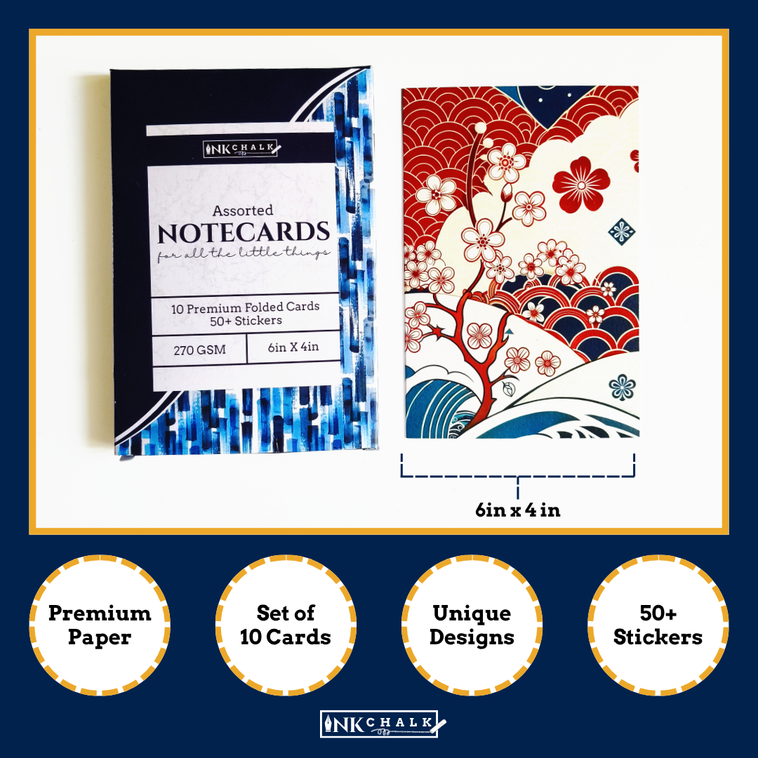 INKCHALK Japanese Patterns | Set of 10 (6x4in) Folded Note Cards | 50+ Stickers