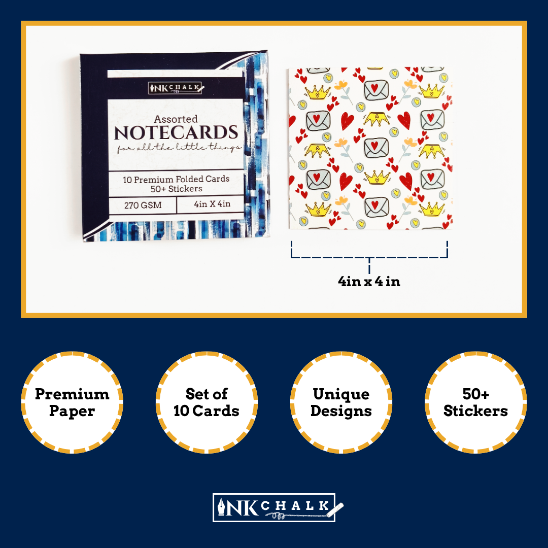 INKCHALK Love & Letters | Set of 10 (4x4in) Folded Note Cards | 50+ Stickers