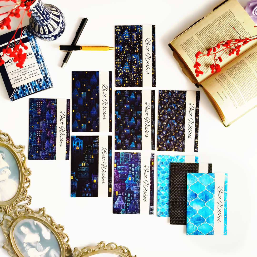 INKCHALK Midnight Glow | Set of 10 (6x4in) Folded Note Cards | 50+ Stickers