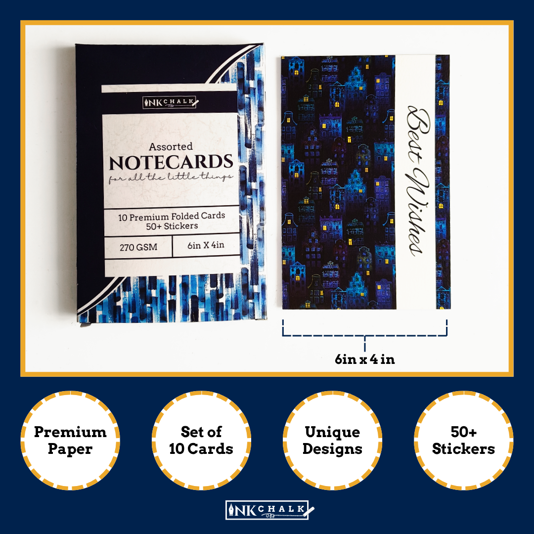INKCHALK Midnight Glow | Set of 10 (6x4in) Folded Note Cards | 50+ Stickers