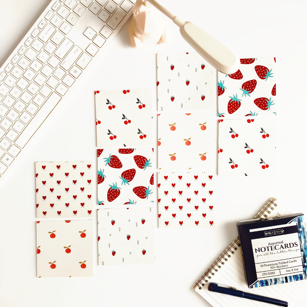 INKCHALK Minimal Fruits | Set of 10 (4x4in) Folded Note Cards | 50+ Stickers