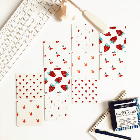 INKCHALK Minimal Fruits | Set of 10 (4x4in) Folded Note Cards | 50+ Stickers