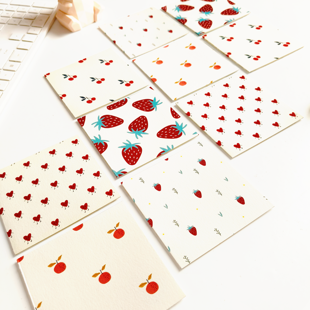 INKCHALK Minimal Fruits | Set of 10 (4x4in) Folded Note Cards | 50+ Stickers