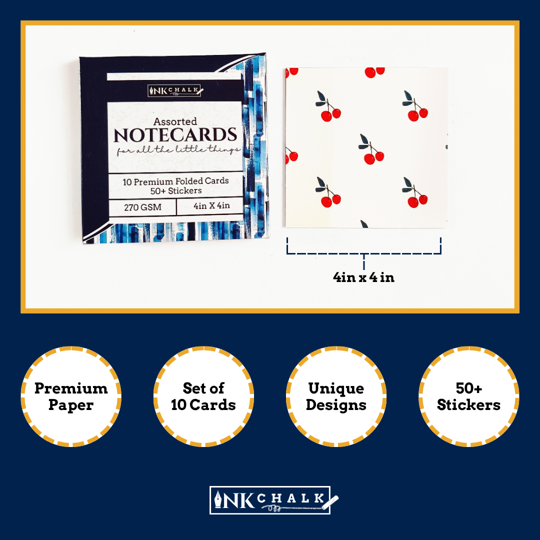 INKCHALK Minimal Fruits | Set of 10 (4x4in) Folded Note Cards | 50+ Stickers