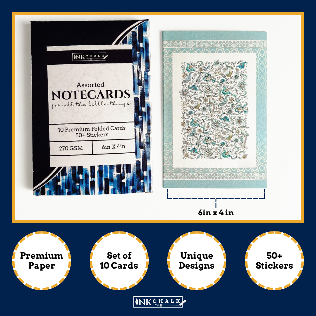INKCHALK Mughal Patterns | Set of 10 (6x4in) Folded Note Cards | 50+ Stickers