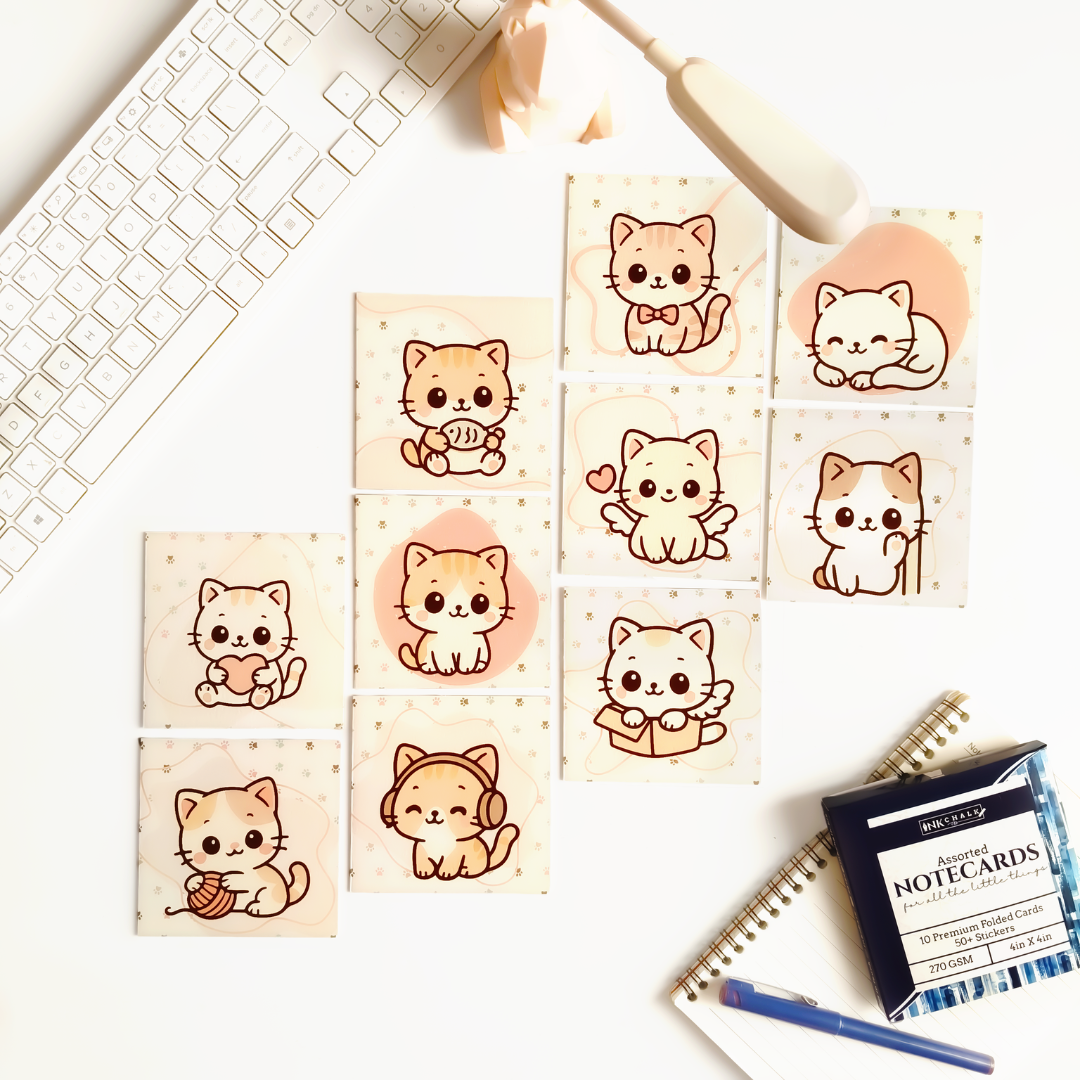 INKCHALK My Sweet Cat | Set of 10 (4x4in) Folded Note Cards | 50+ Stickers