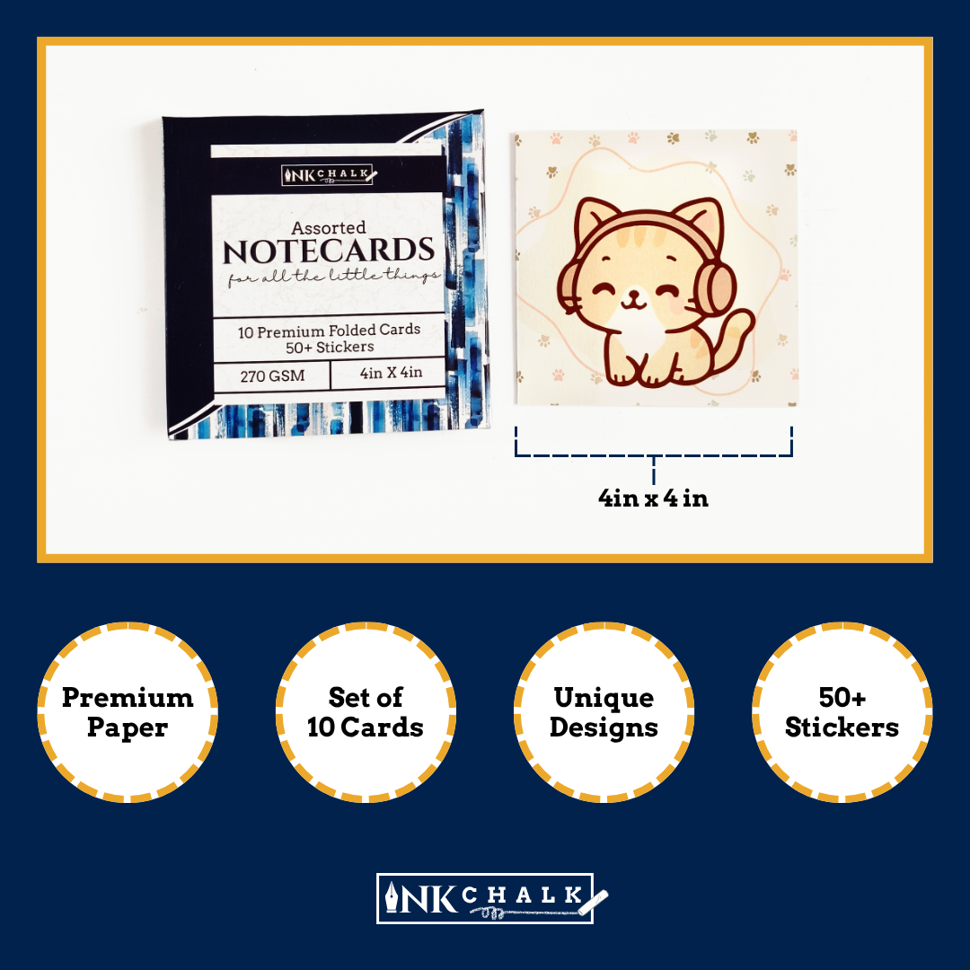 INKCHALK My Sweet Cat | Set of 10 (4x4in) Folded Note Cards | 50+ Stickers