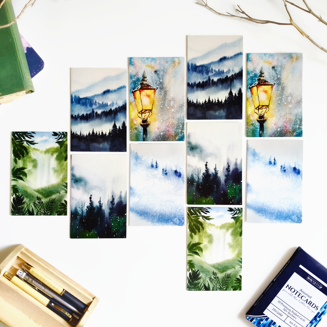 INKCHALK Mystic Watercolour | Set of 10 (6x4in) Folded Note Cards | 50+ Stickers