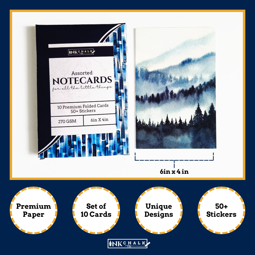 INKCHALK Mystic Watercolour | Set of 10 (6x4in) Folded Note Cards | 50+ Stickers