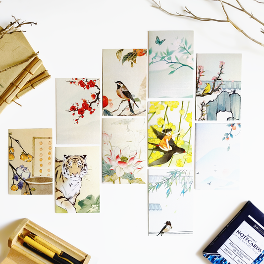 INKCHALK Oriental Art | Set of 10 (6x4in) Folded Note Cards | 50+ Stickers