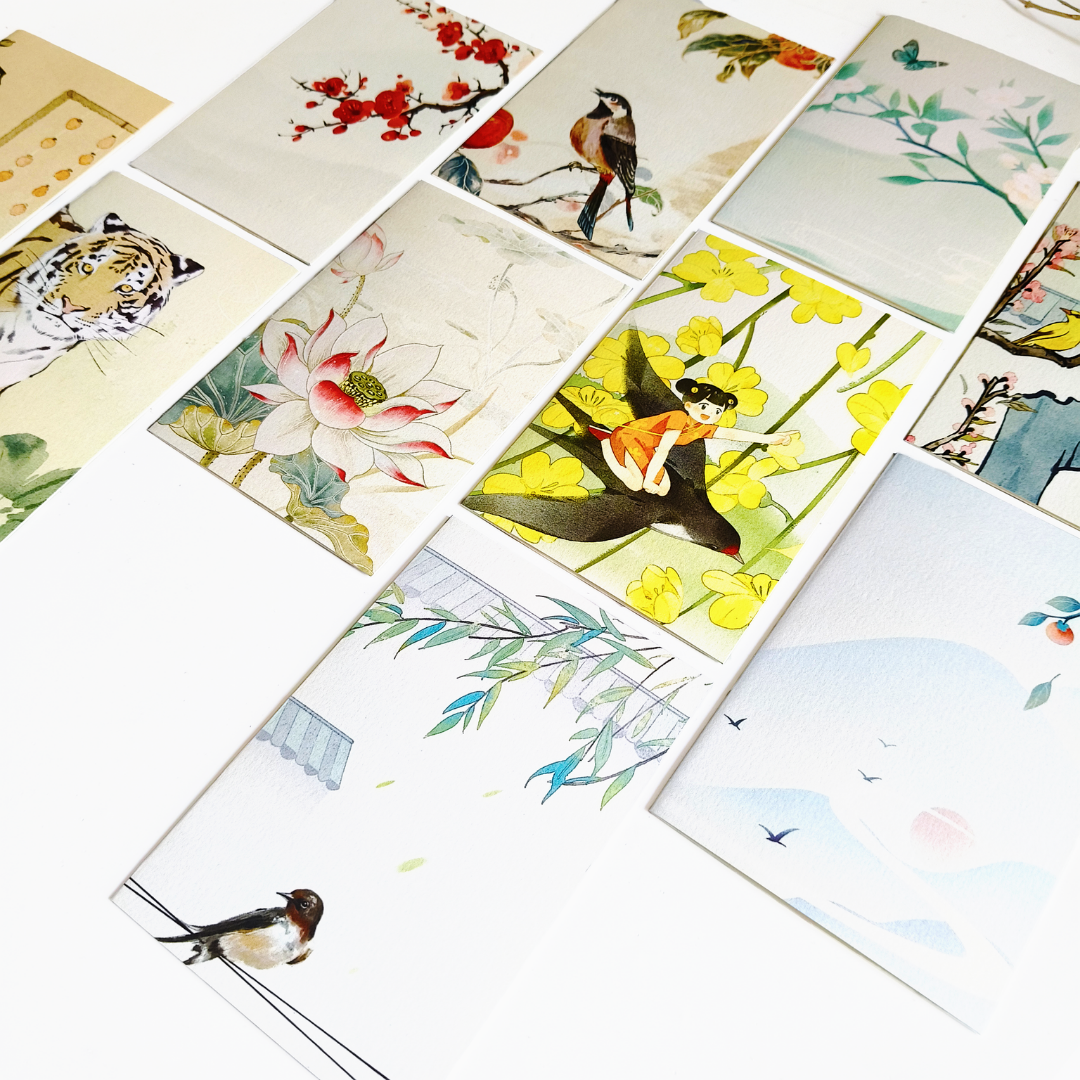 INKCHALK Oriental Art | Set of 10 (6x4in) Folded Note Cards | 50+ Stickers