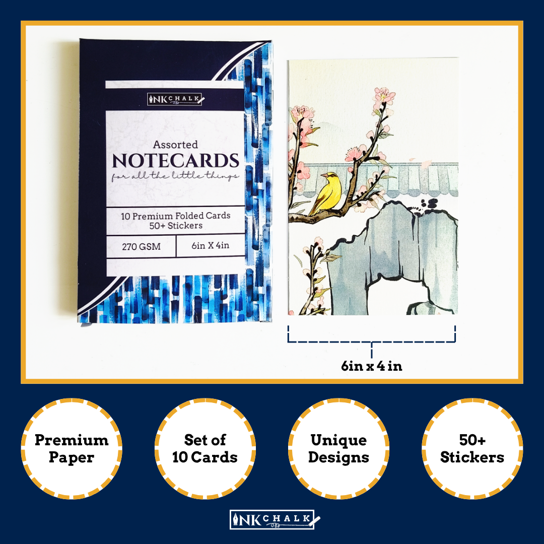 INKCHALK Oriental Art | Set of 10 (6x4in) Folded Note Cards | 50+ Stickers