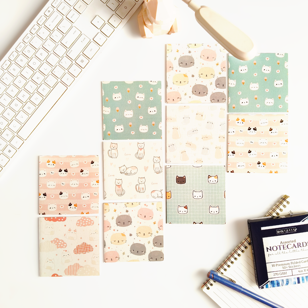 INKCHALK Pastel Paws | Set of 10 (4x4in) Folded Note Cards | 50+ Stickers