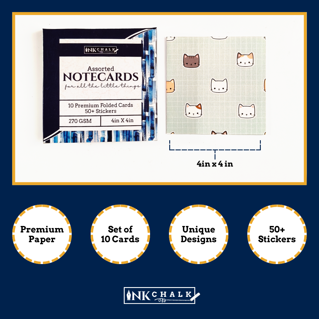 INKCHALK Pastel Paws | Set of 10 (4x4in) Folded Note Cards | 50+ Stickers