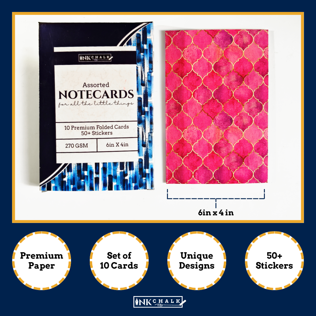 INKCHALK Pink Floral Patterns | Set of 10 (6x4in) Folded Note Cards | 50+ Stickers