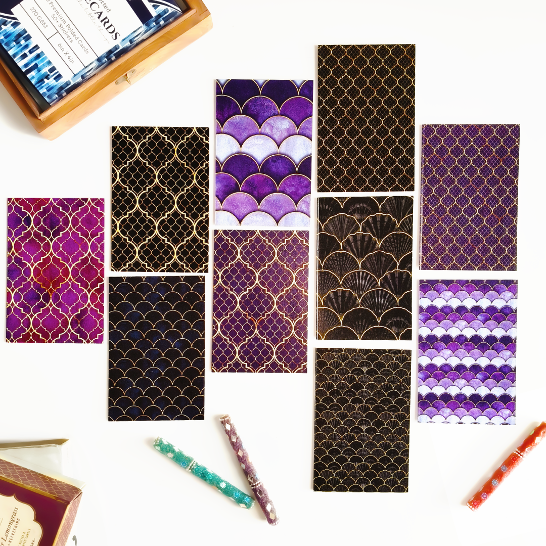 INKCHALK Royal Purple & Black Patterns | Set of 10 (6x4in) Folded Note Cards | 50+ Stickers