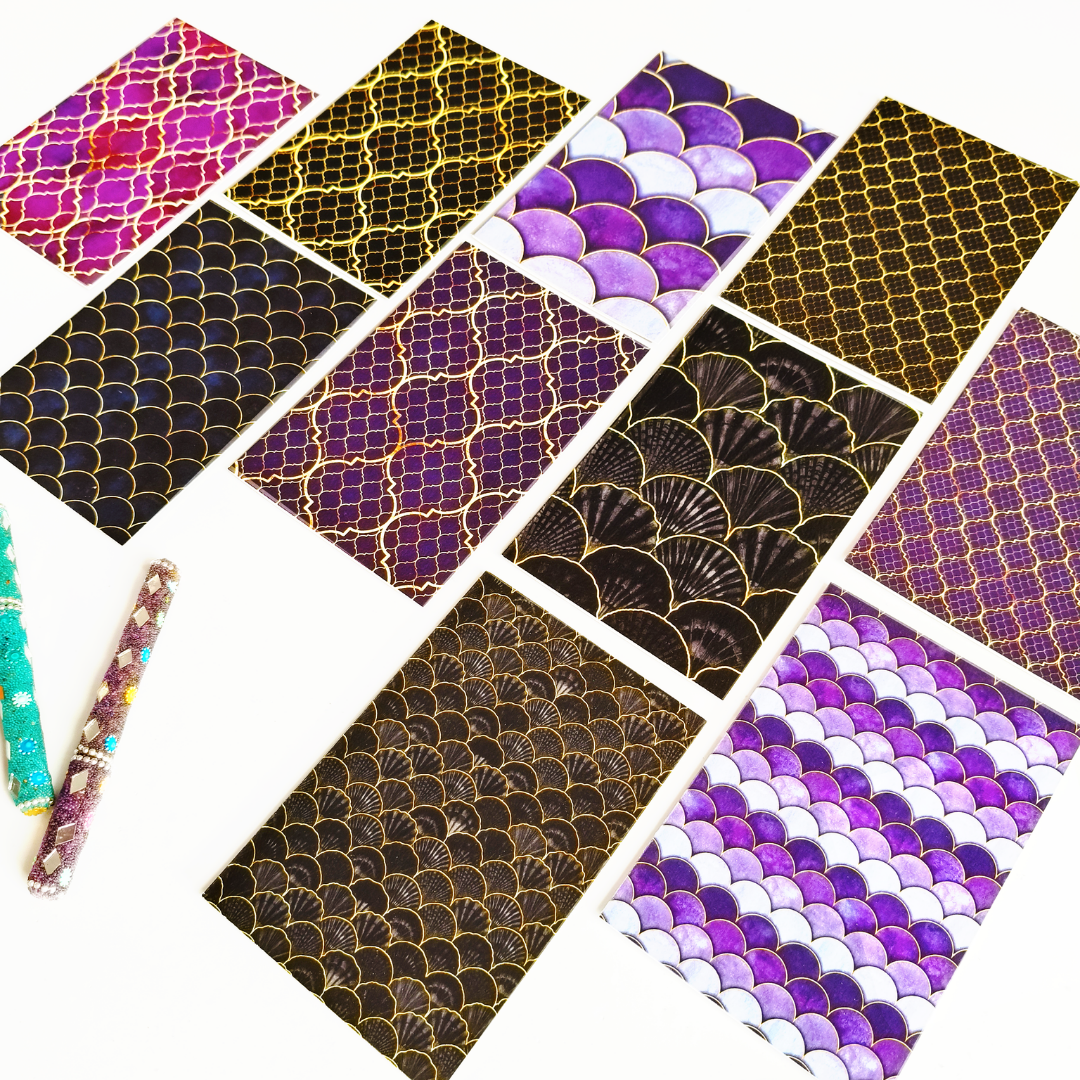 INKCHALK Royal Purple & Black Patterns | Set of 10 (6x4in) Folded Note Cards | 50+ Stickers