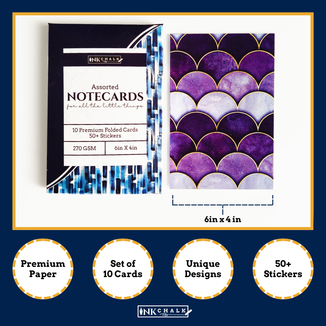 INKCHALK Royal Purple & Black Patterns | Set of 10 (6x4in) Folded Note Cards | 50+ Stickers