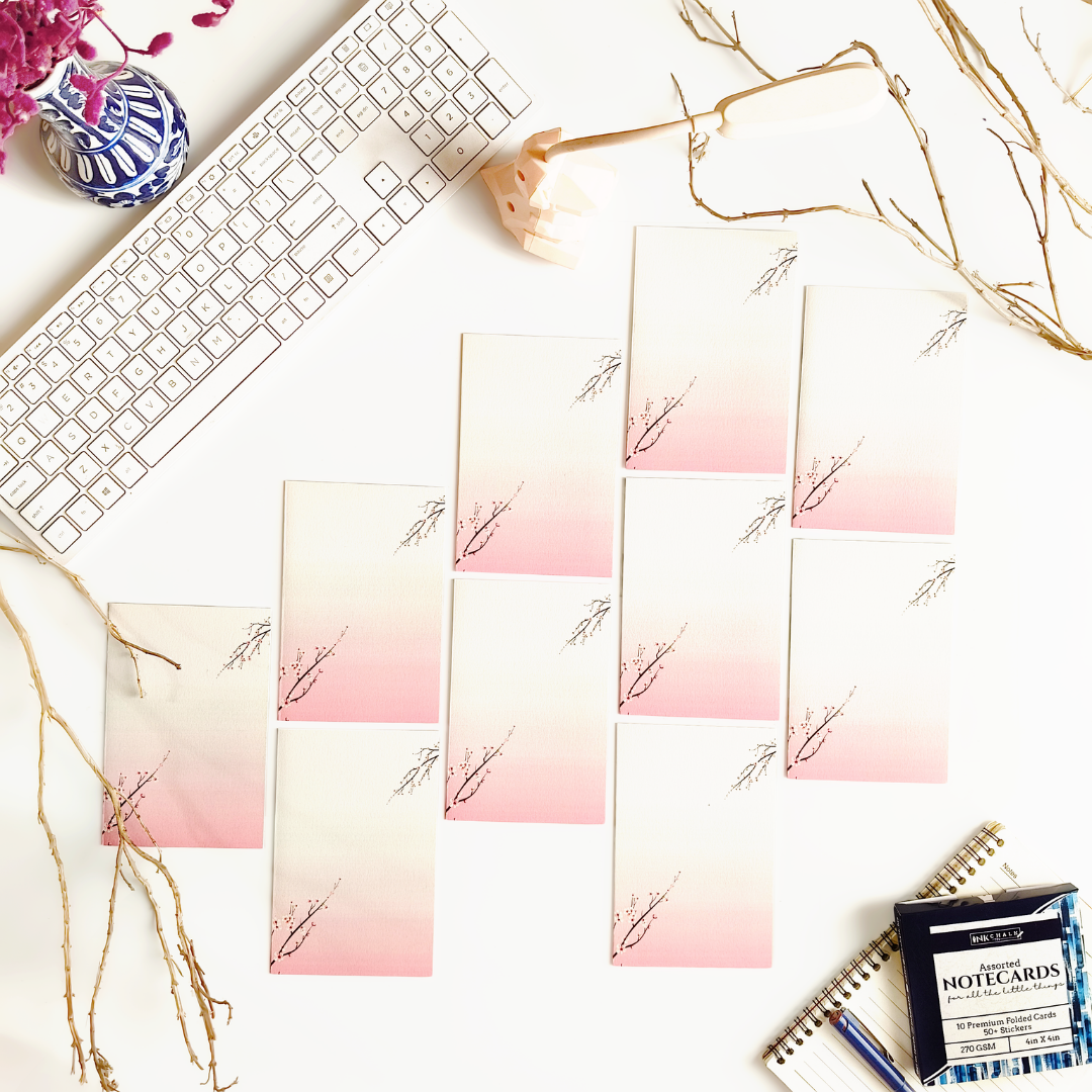 INKCHALK Sakura Gradient | Set of 10 (6x4in) Folded Note Cards | 50+ Stickers