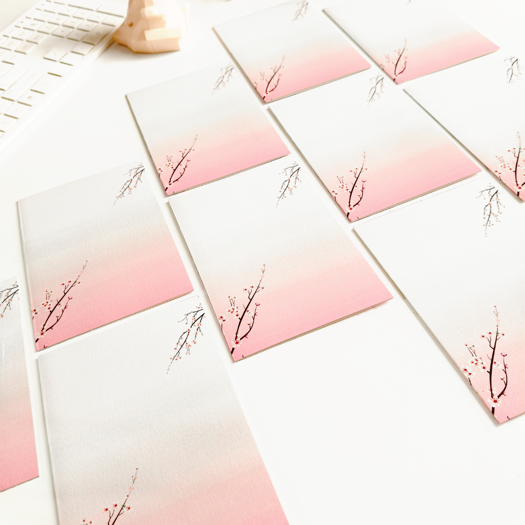 INKCHALK Sakura Gradient | Set of 10 (6x4in) Folded Note Cards | 50+ Stickers