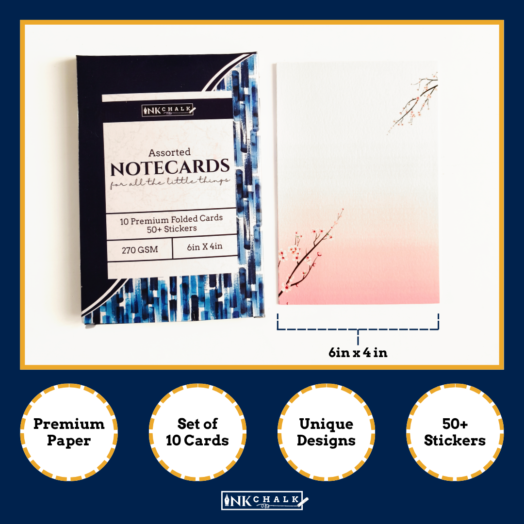 INKCHALK Sakura Gradient | Set of 10 (6x4in) Folded Note Cards | 50+ Stickers