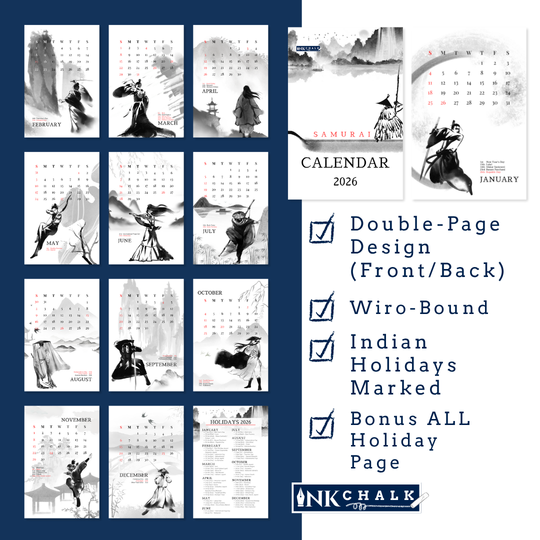INKCHALK Samurai Calendar | 2026 Desk Calendar | Portrait