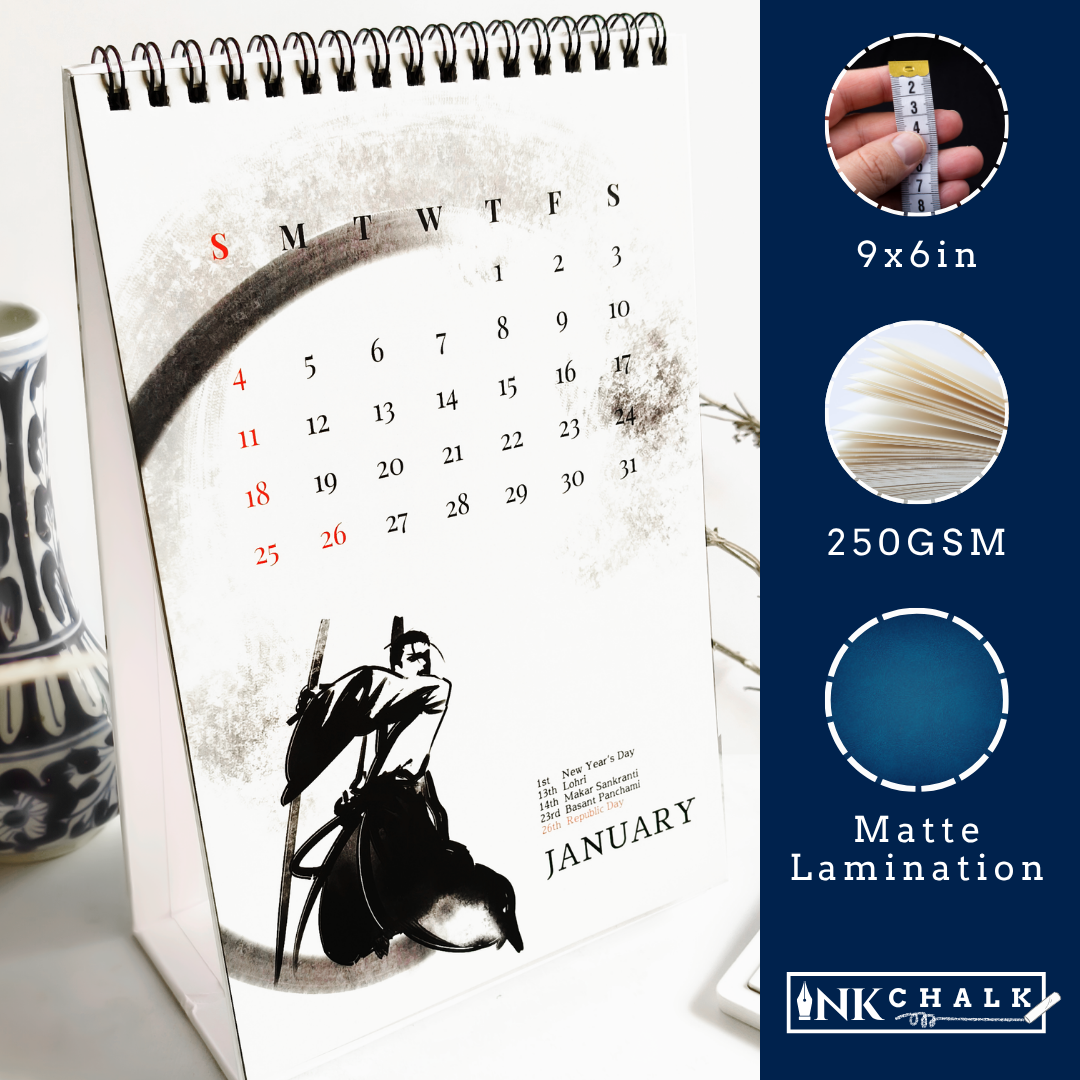 INKCHALK Samurai Calendar | 2026 Desk Calendar | Portrait