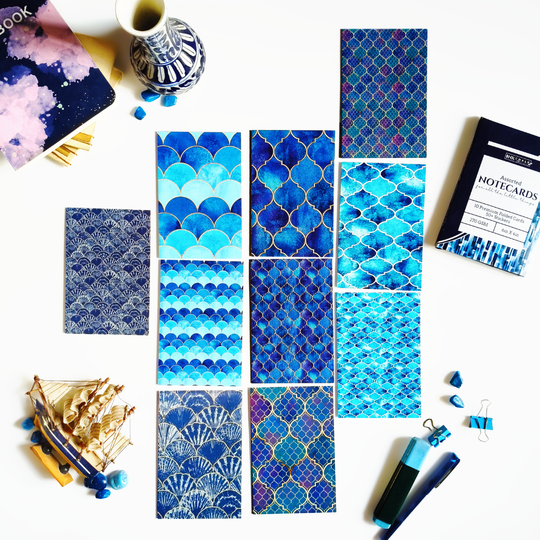 INKCHALK Sea Blue Patterns | Set of 10 (6x4in) Folded Note Cards | 50+ Stickers