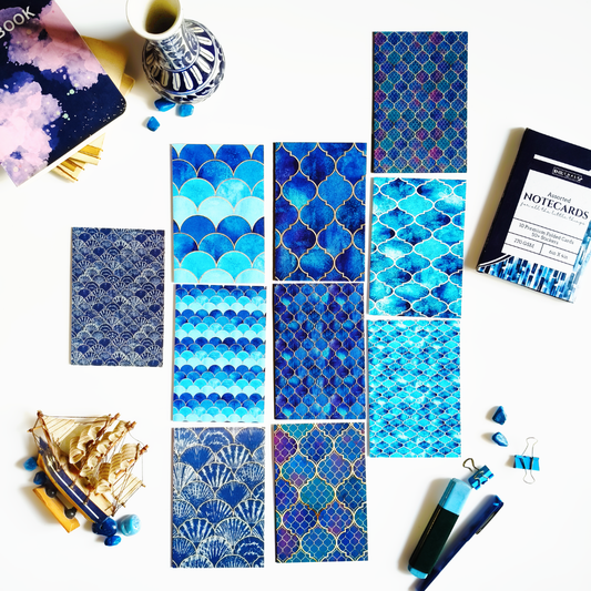 INKCHALK Sea Blue Patterns | Set of 10 (6x4in) Folded Note Cards | 50+ Stickers