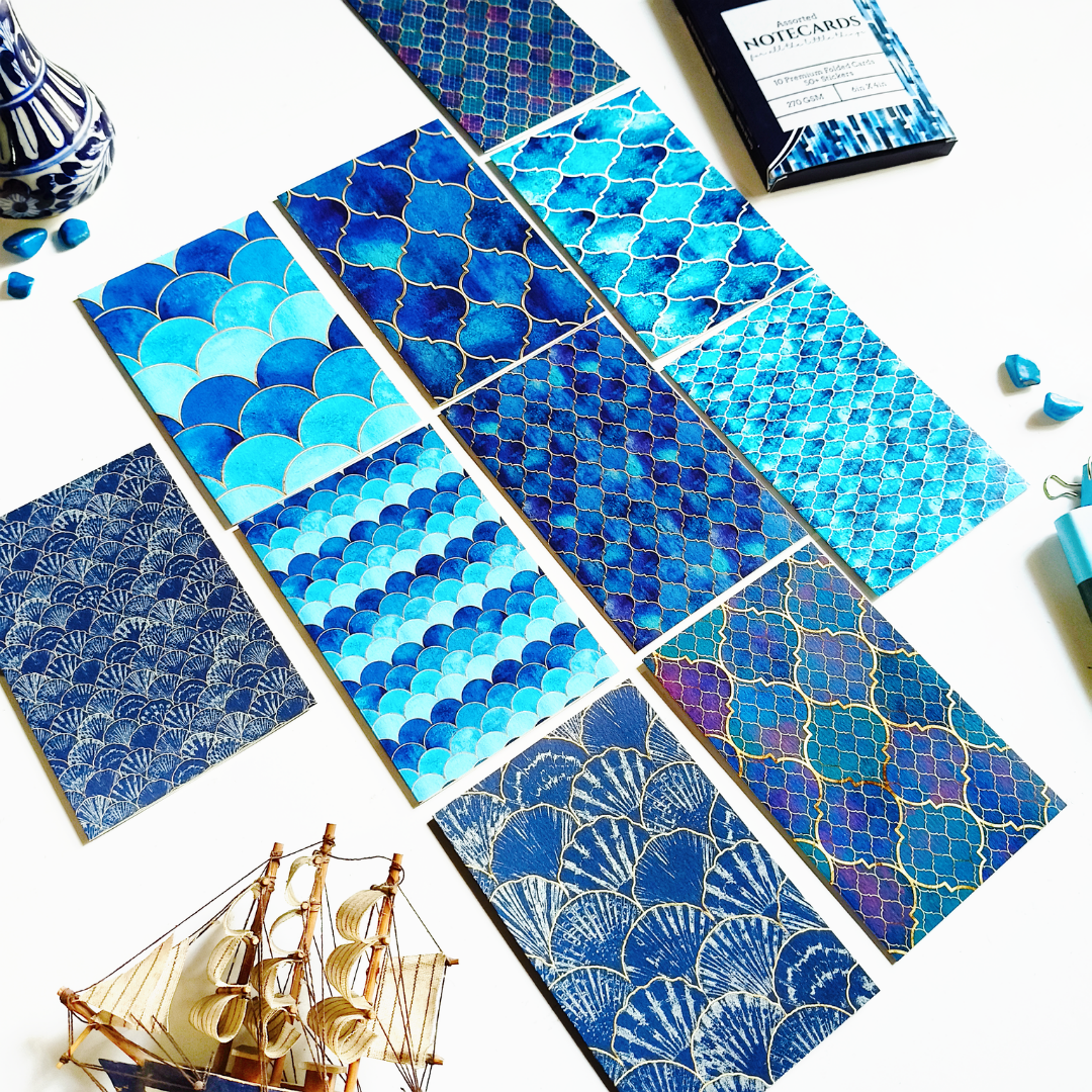 INKCHALK Sea Blue Patterns | Set of 10 (6x4in) Folded Note Cards | 50+ Stickers