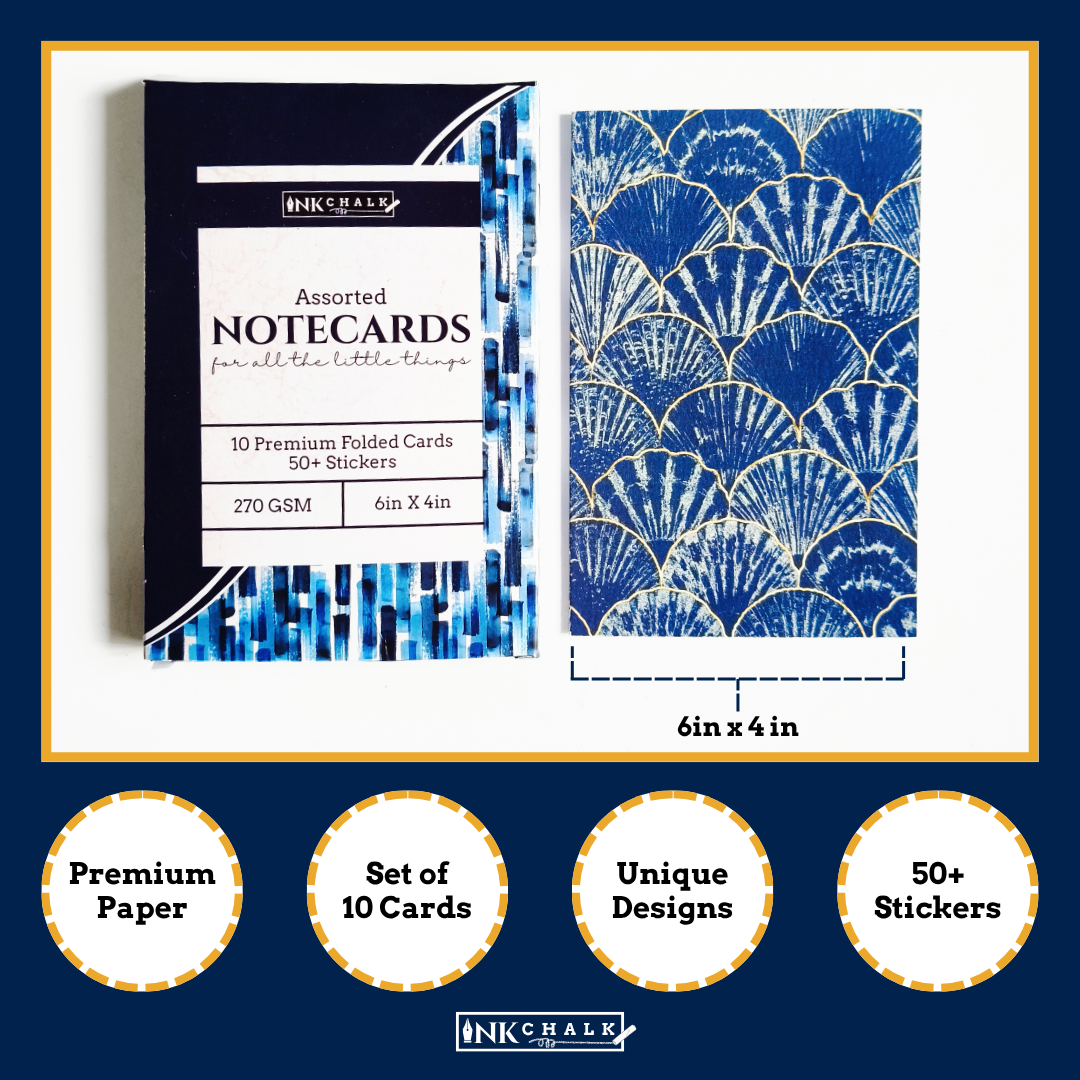 INKCHALK Sea Blue Patterns | Set of 10 (6x4in) Folded Note Cards | 50+ Stickers