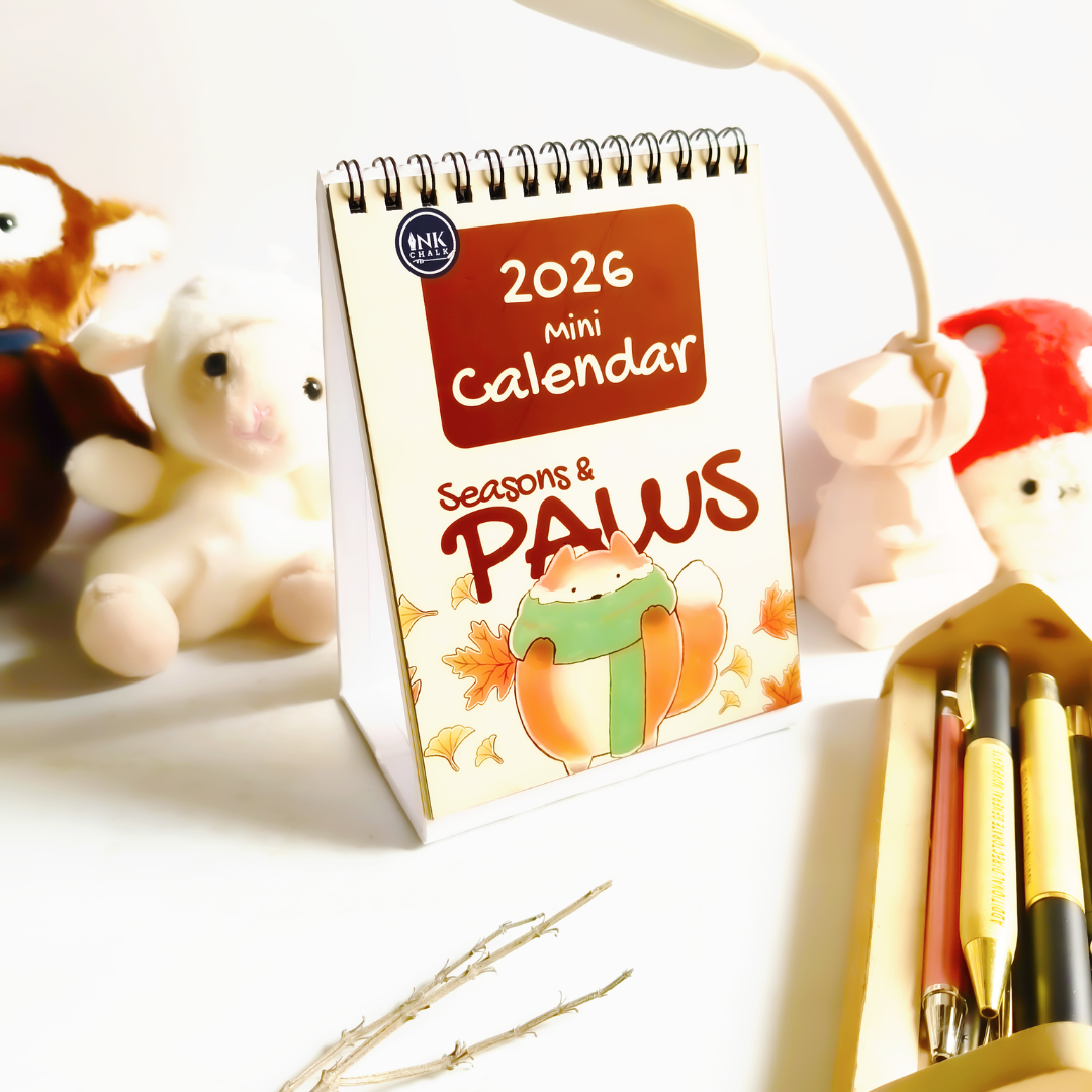 INKCHALK Seasons & Paws | 2026 Mini Desk Calendar | Portrait