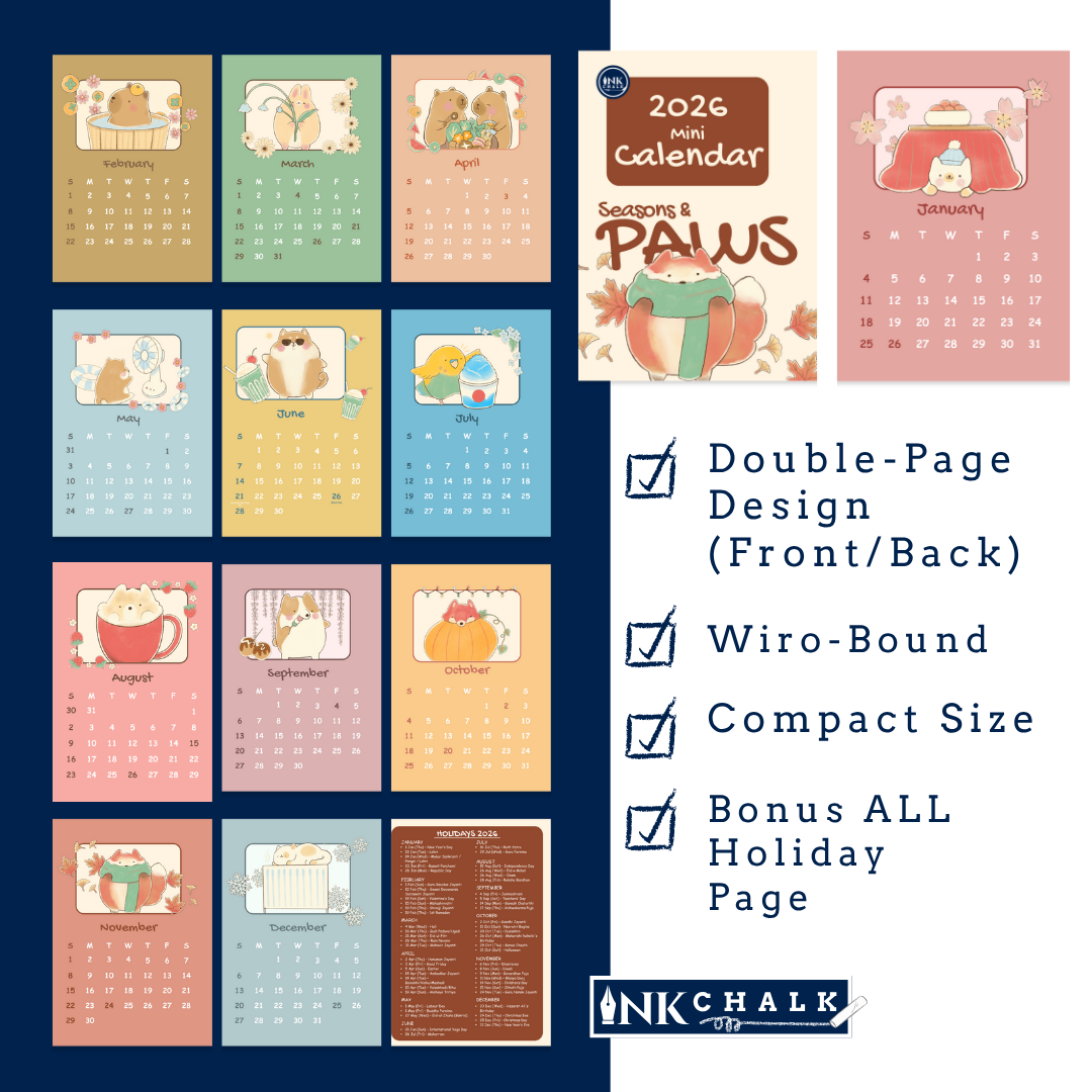 INKCHALK Seasons & Paws | 2026 Mini Desk Calendar | Portrait