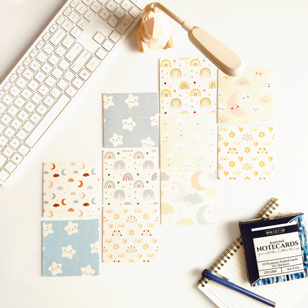 INKCHALK Sweet Sky | Set of 10 (4x4in) Folded Note Cards | 50+ Stickers