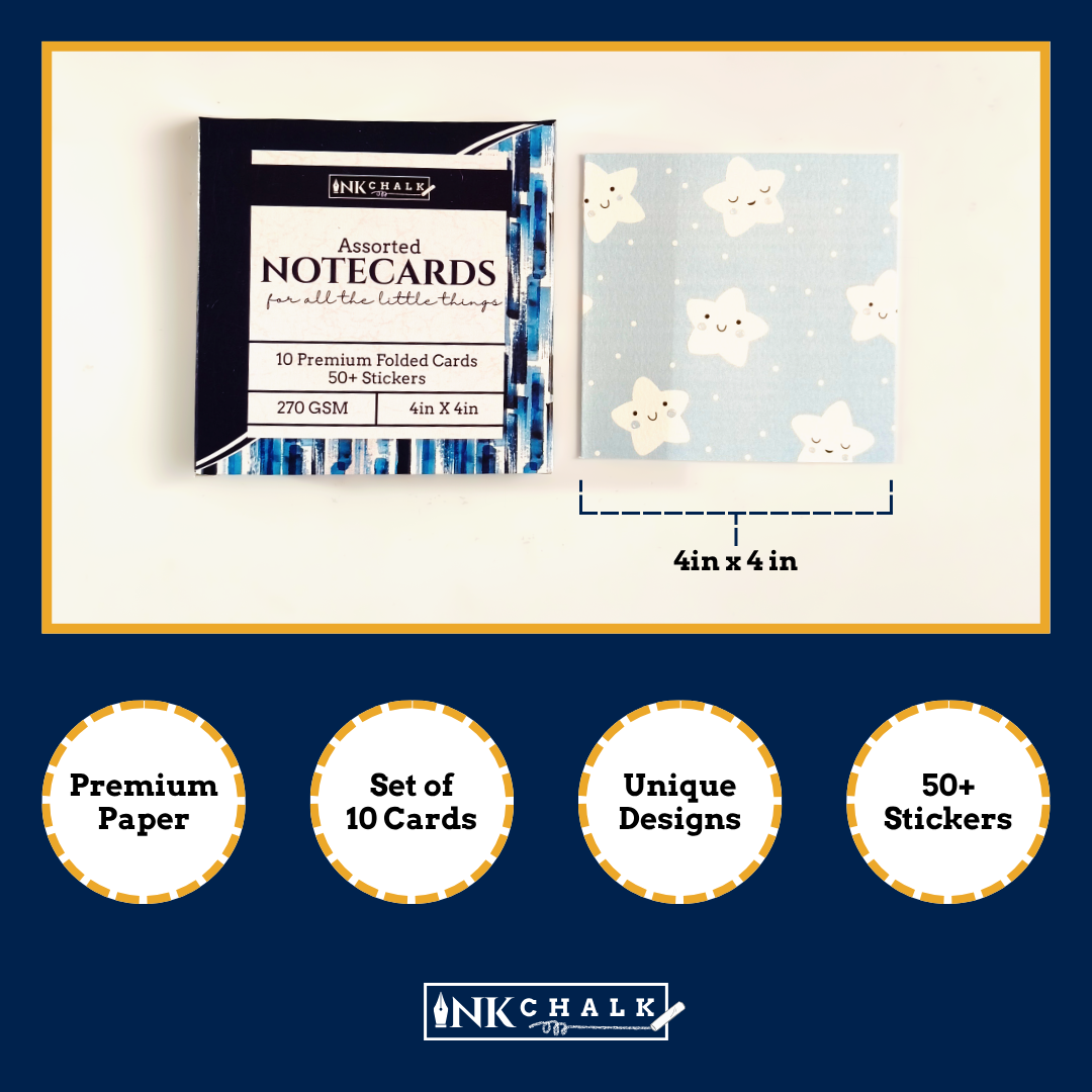 INKCHALK Sweet Sky | Set of 10 (4x4in) Folded Note Cards | 50+ Stickers